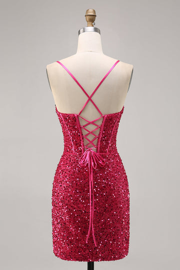 Sparkly Fuchsia Bodycon Corset Short Cocktail Dress